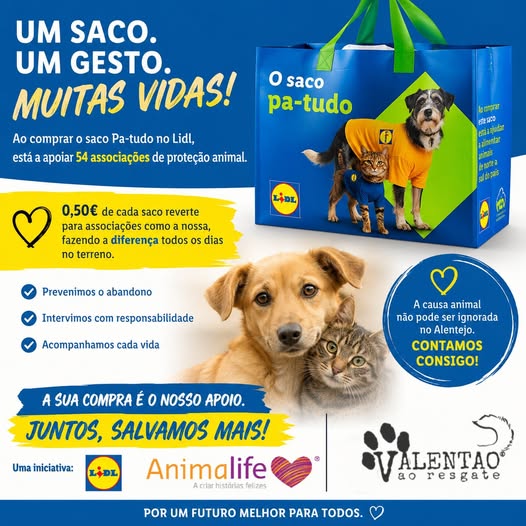 Campanha Saco Solidário Pa-tudo do Lidl e Animalife a favor da Associação Valentão ao Resgate
